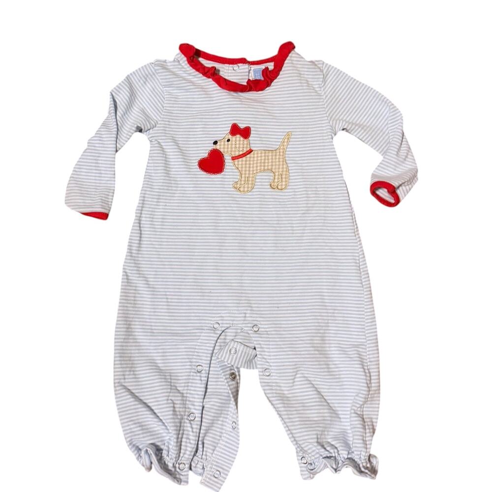 Trotter Street Kids | Blue White Striped Dog Heart Valentines Outfit 9 month